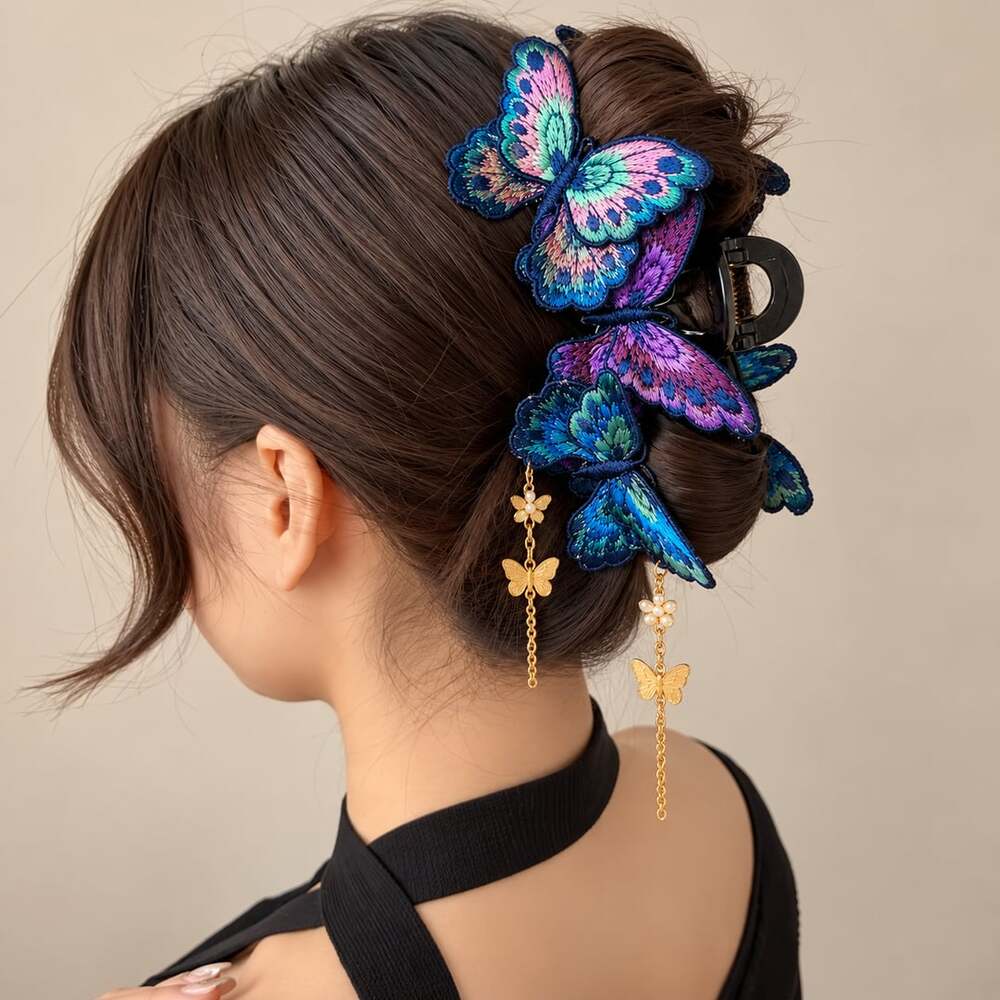 Fairycore Embroidered Butterfly Claw Clip Navy Blue Statement Hair Accessory